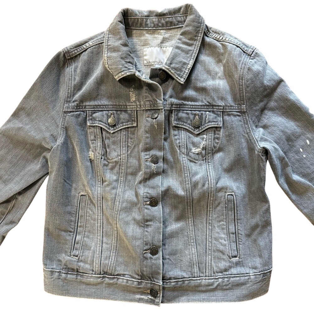 Old Navy Gray Distressed Denim Trucker Jean Jacket Womens Large Cotton Outerwear